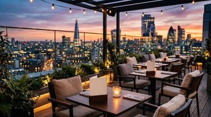Naklejka premium Rooftop restaurant seating overlooking city skyline at dusk