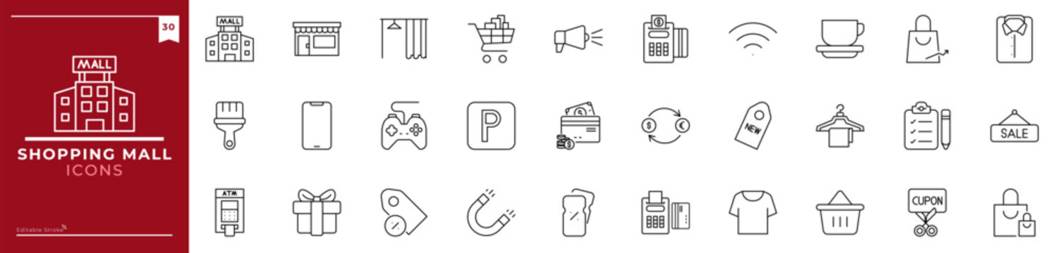 Shopping Mall, Outline icons collection. Simple vector illustration. shopping, mall, store, retail, shop, checkout, counter, cart and more