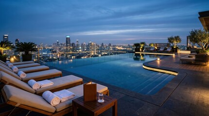 Naklejka premium Rooftop infinity pool overlooking urban skyline at dusk