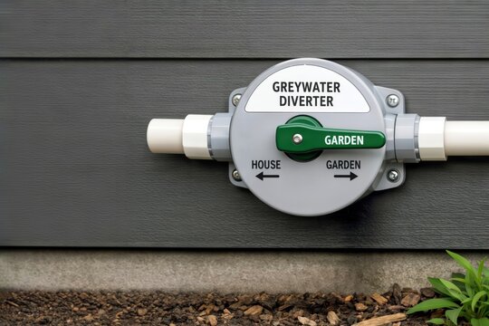 Greywater diverter valve for garden irrigation to conserve water.