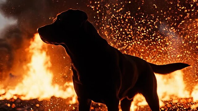 Silhouette of a dog standing against a backdrop of intense fire and glowing embers