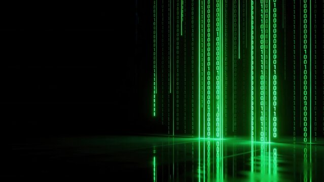 Digital binary code stream on dark background