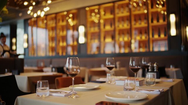Elegant restaurant table setup with multiple wine glasses, plates, and warm ambient lighting