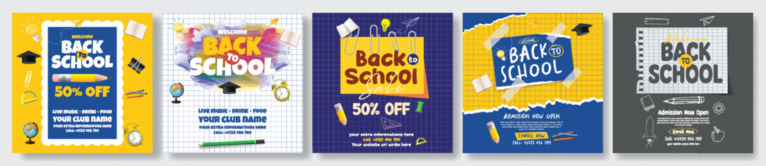 Set of social media posts for back to school banners ads templates bundle, education Instagram posts design pack, online learning celebration party social media flyer poster with supplies stationery © Nusrat