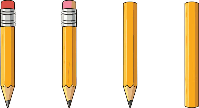 Yellow Pencil Icon Set with Long, Short, Sharpened, and Unsharpened Styles for Education, School, Writing, and Stationery Graphic Designs