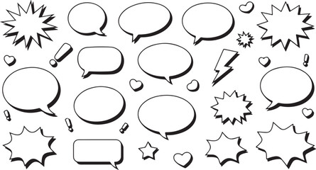 Fototapeta premium Assorted comic style chat bubbles and symbols including hearts stars and exclamation marks for visual design