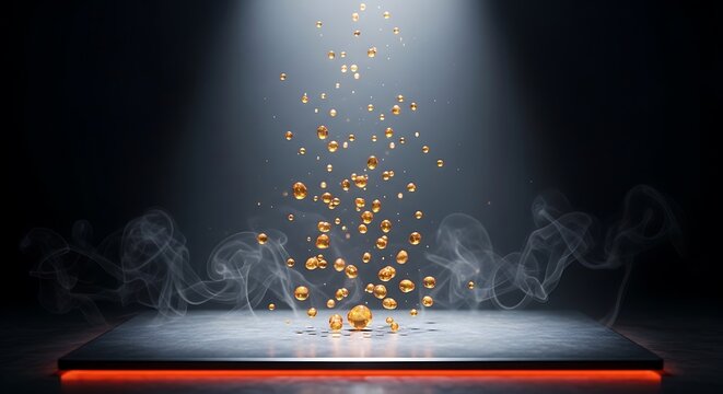 Decarboxylation process conceptual background with amber liquid droplets evaporating from a heated laboratory surface under spotlight in dark room