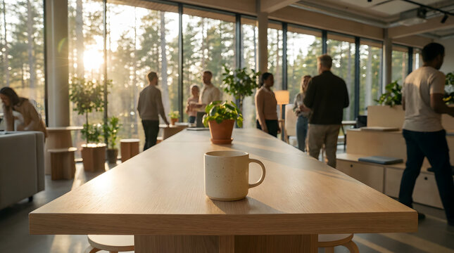 A modern, sunlit office space with large windows overlooking a forest provides a serene environment for diverse professionals engaging in collaborative work and casual interactions.