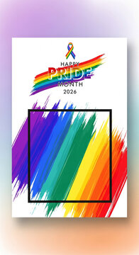 Rainbow brush strokes and a ribbon declare Happy Pride Month 2026, with a blank frame for personalization, symbolizing celebration and inclusivity, representing the LGBTQ+ community.