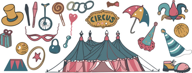 Hand drawn circus vector set with tent carnival equipment and performer accessories for festive graphic design projects © Ruma