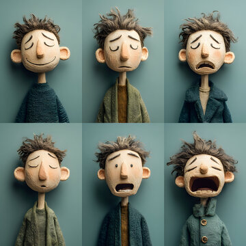 Conceptualizing human emotions through stop motion character faces, displaying a spectrum of feelings including happiness, sadness, surprise, and despair in a single engaging collage
