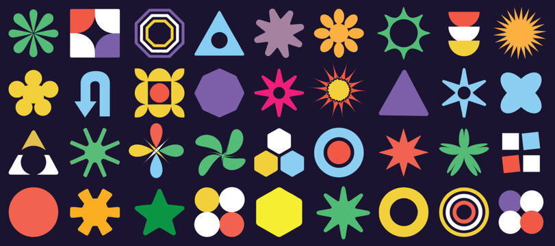 New set of Brutalism shapes, abstract geometric forms, memphis geometric elements. Trendy minimalist basic figures set, simple star, plants, lines and circles, modern swiss graphic design element vect