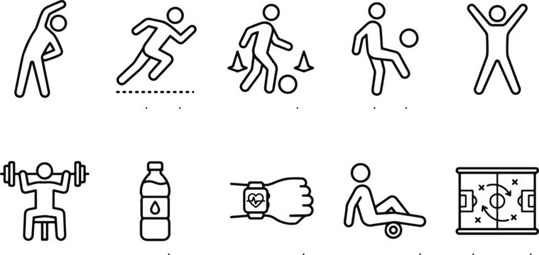 Stick figures exercising and playing sports