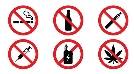 Prohibition sign set with 6 icons, no smoking and no alcohol symbols, forbidden drugs and vaping vector collection, red warning circle graphics © Shahida