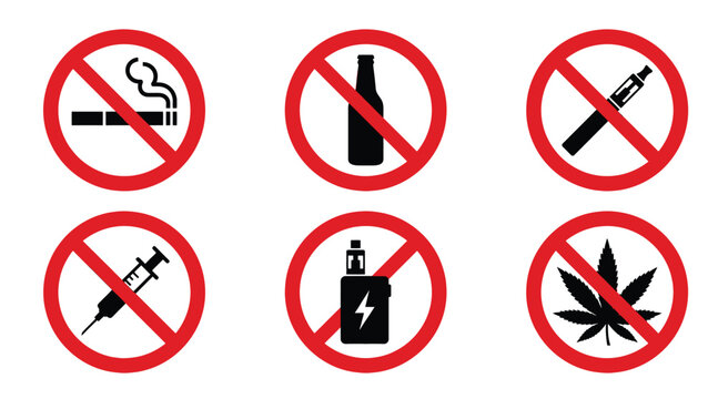 Prohibition sign set with 6 icons, no smoking and no alcohol symbols, forbidden drugs and vaping vector collection, red warning circle graphics