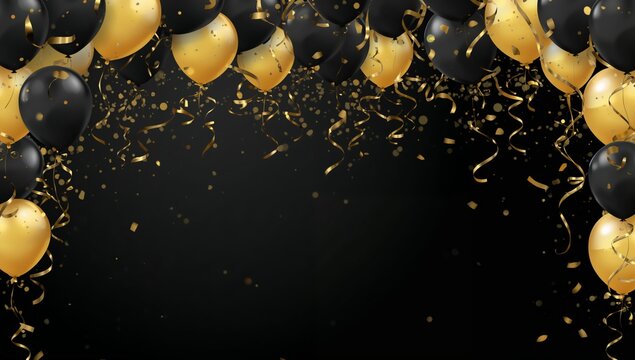 Celebration With Black and Gold Balloons and Confetti in a Festive Setting