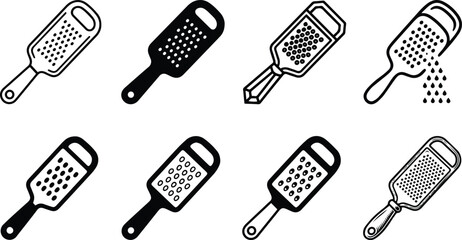 Black and white kitchen grater icon variations with handheld utensil shapes for cooking cheese preparation recipe and culinary design graphics © MdIbrahim