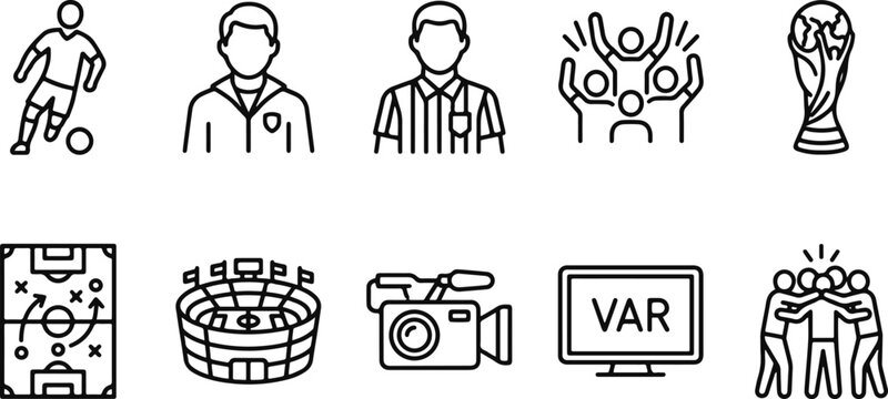 Soccer football icons set with players, trophy, and var technology