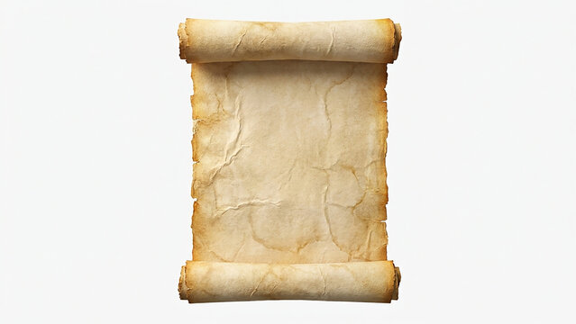 Ancient rolled parchment scroll with aged texture and cracks on white background
