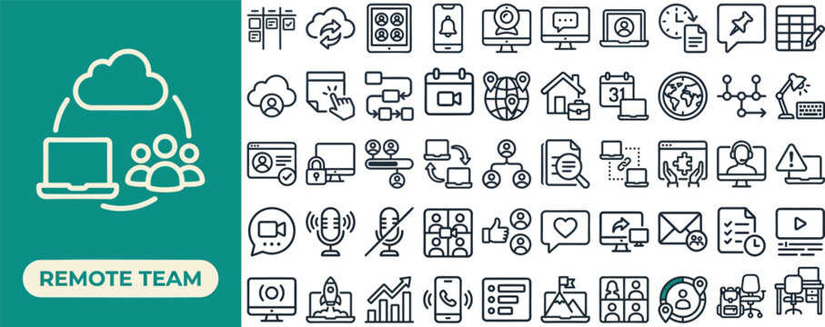 Remote Team and Distributed Workforce outline icon set. Featuring laptop, headset, video call, cloud, and home office symbols. Editable stroke vector icons for telecommuting collaboration app.