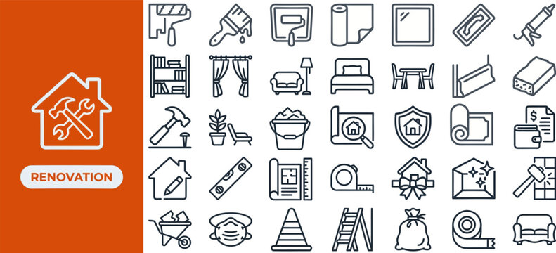 Home Renovation and Interior Remodeling outline icon set. Featuring paintbrush, ladder, hammer, ruler, and roller symbols. Editable stroke vector icons for home improvement contractor app.