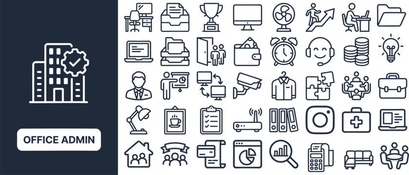 Office Administration and Workplace Equipment outline icon set. Featuring printer, file cabinet, paperclip, calculator, and stapler symbols. Editable stroke vector icons for stationery store.