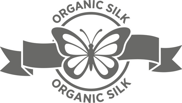 Organic silk product label with butterfly and ribbon for natural textile branding and e