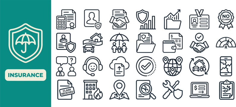 Insurance Policy and Risk Protection outline icon set. Featuring umbrella, shield, contract, claim, and family symbols. Editable stroke vector icons for insurance broker and coverage app.