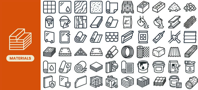Building Material and Construction Supply outline icon set. Featuring brick, cement, wood, glass, and tile symbols. Editable stroke vector icons for hardware supply store and home renovation app.