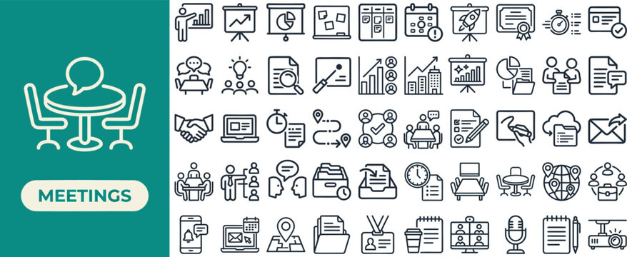 Meeting Room and Discussion Table outline icon set. Featuring chair, presentation, whiteboard, agenda, and conference symbols. Editable stroke vector icons for collaboration and virtual call app.