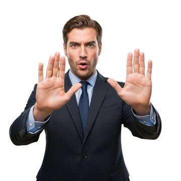 Professional man performing stop gesture with both hands isolated on white background
