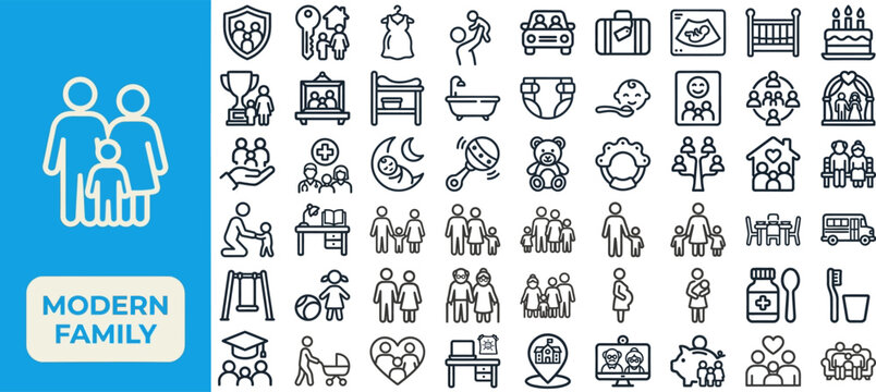Modern Family and Parenting Lifestyle outline icon set. Featuring parent, child, stroller, toy, and home symbols. Editable stroke vector icons for childcare app and family lifestyle blog.