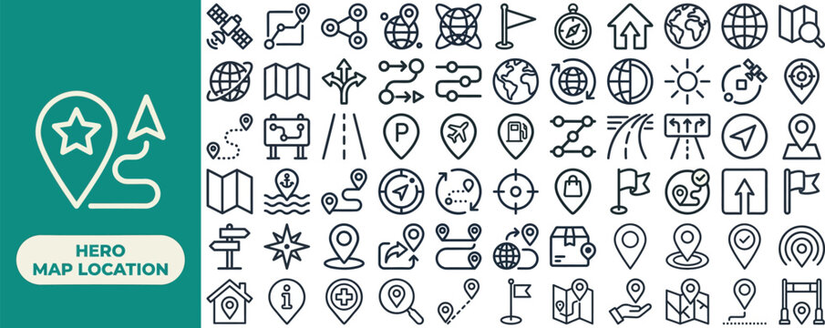 Map Pin and Hero Location Marker outline icon set. Featuring pointer, flag, compass, route, and waypoint symbols. Editable stroke vector icons for navigation app and travel mapping platform.
