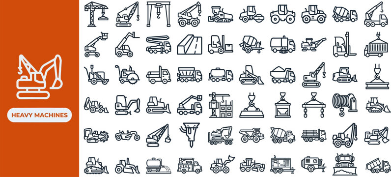 Heavy Machinery and Earthmoving Equipment outline icon set. Featuring excavator, bulldozer, dump truck, crane, and forklift symbols. Editable stroke vector icons for construction rental app.