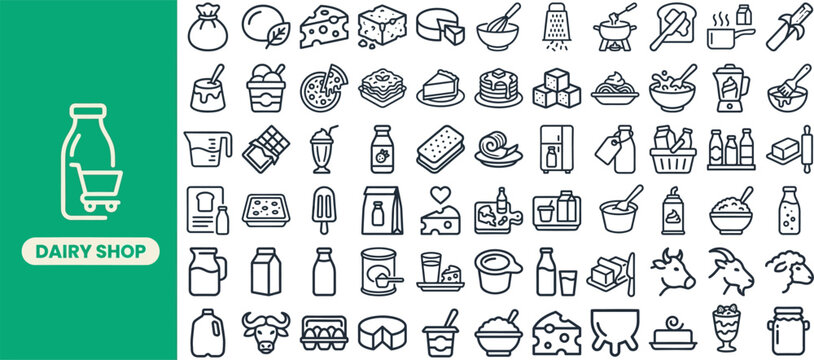 Dairy Shop and Milk Product outline icon set. Featuring bottle, cheese, butter, yogurt, and cream symbols. Editable stroke vector icons for grocery delivery app and farm-to-table store website.