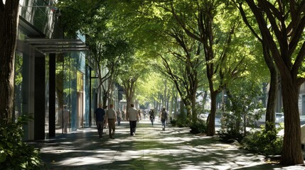 Obraz premium Daytime scene of people strolling on a tree-lined sidewalk in a modern city, with sunlight and greenery enhancing the calm urban vibe.