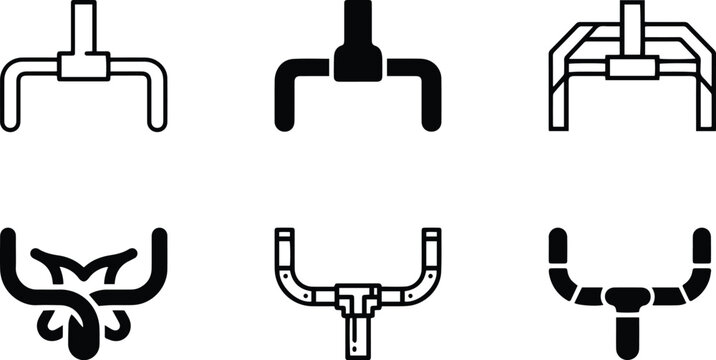 Black and white robotic gripper icon variations with claw handle mechanical arm shapes for automation engineering tool design industrial graphics
