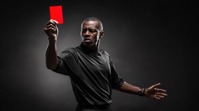 Referee showing a red card to a displeased soccer player on a white studio background, highlighting rules violation and tense sports moment.