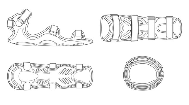 Splint medical support device technical drawing blueprint with front side back and top views CAD line art vector illustration