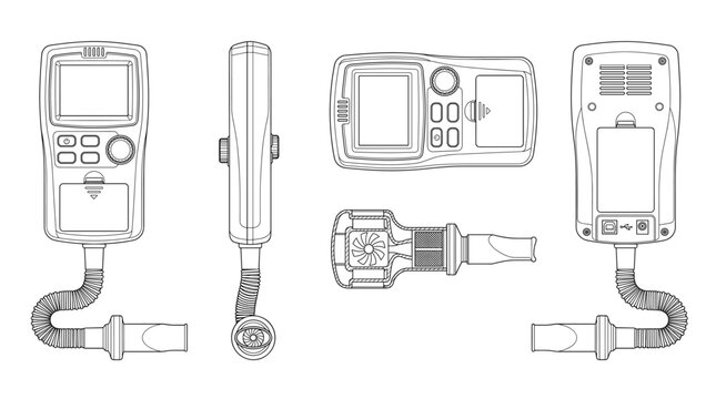 Spirometer medical device technical drawing blueprint with front side back and top views CAD line art vector illustration