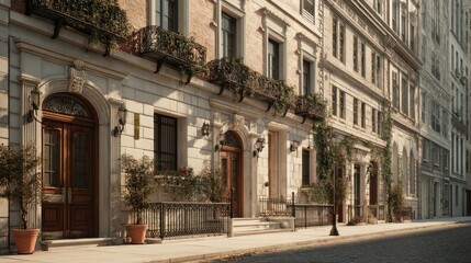 Fototapeta premium Beautiful historic townhouses lining a peaceful street in New York City, realistic textures and lighting highlighting architectural details.