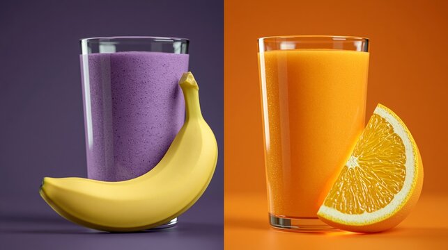 Smoothie glass with purple banana smoothie beside orange juice glass with orange slice on vibrant background showcasing colorful beverage options