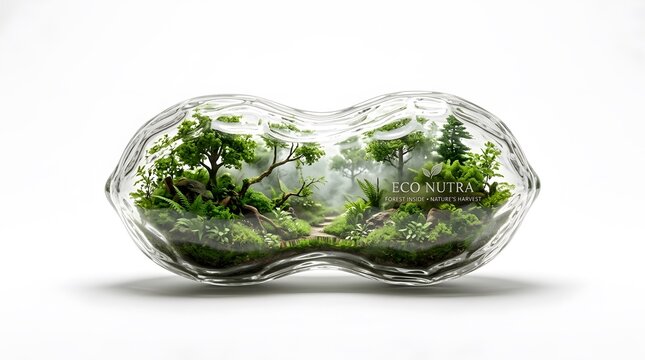Miniature lush green forest terrarium inside a peanut shaped glass jar, Eco Nutra concept