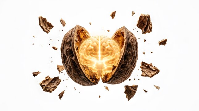 Glowing human brain inside a cracked walnut shell exploding on white background, brain food concept