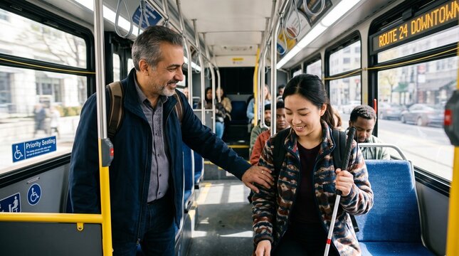 Kind Mature Man Helping Blind Asian Woman with White Cane on Public Bus with Priority Seating Sign