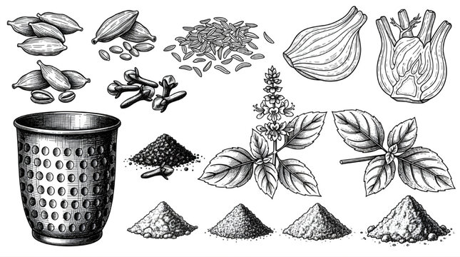 Ayurvedic Kitchen Ingredient Engraving Hand Drawn Botanical Set
