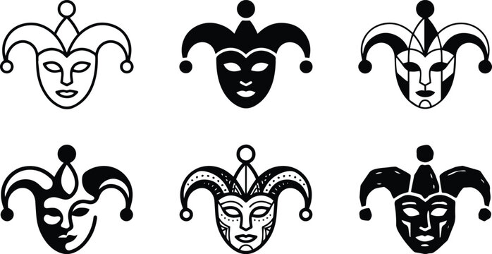 Black and white jester mask icon variations featuring carnival joker faces for theater festival entertainment branding and masquerade design collection