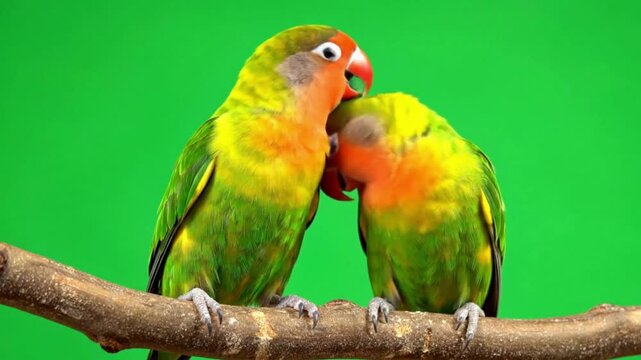 Two vibrant lovebirds perched on a branch showing affection against a green screen background perfect for compositing in nature or pet-themed designs