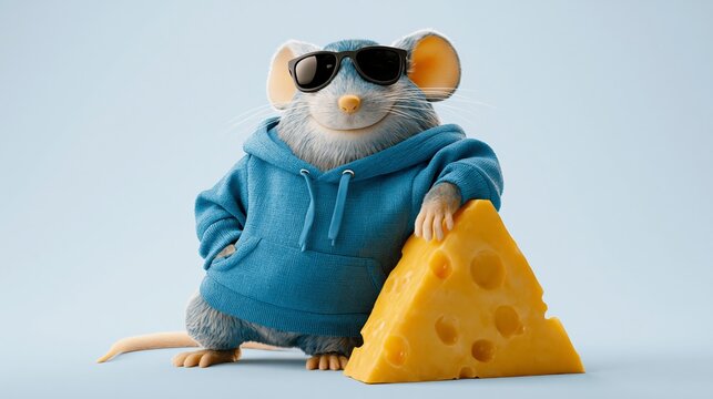 Cartoon mouse wearing sunglasses and blue hoodie leans against a large piece of cheese, set against a light blue background in a playful and whimsical style