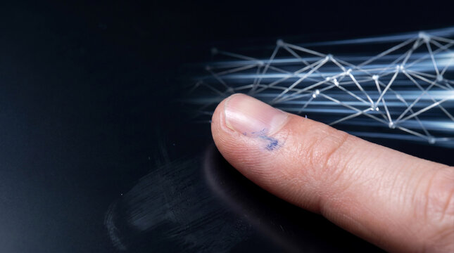 Sharp Human Fingerprint with Motion‑Blurred AI Node‑Map in Background &ndash; Latency Gap Macro &ndash; Human Observation Lag &ndash; Focused Task LED